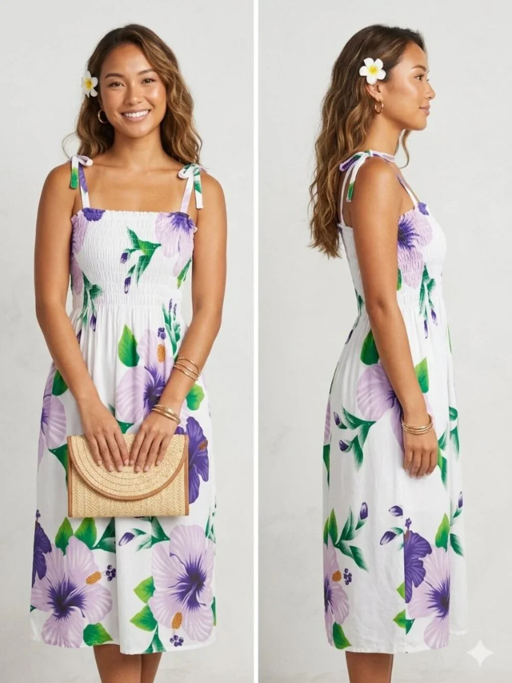 Unbranded Floral White Purple Smoched Elastic Tie Shoulder Strap Dress - Size S - Picture 1 of 5